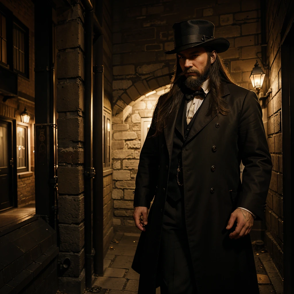 Scene of an alley.Madrid of the Austrians. A man with a hat, beard and long hair lurks from the shadows. steampunk. Laton. vapor. steampunk noche sombras luces se gas