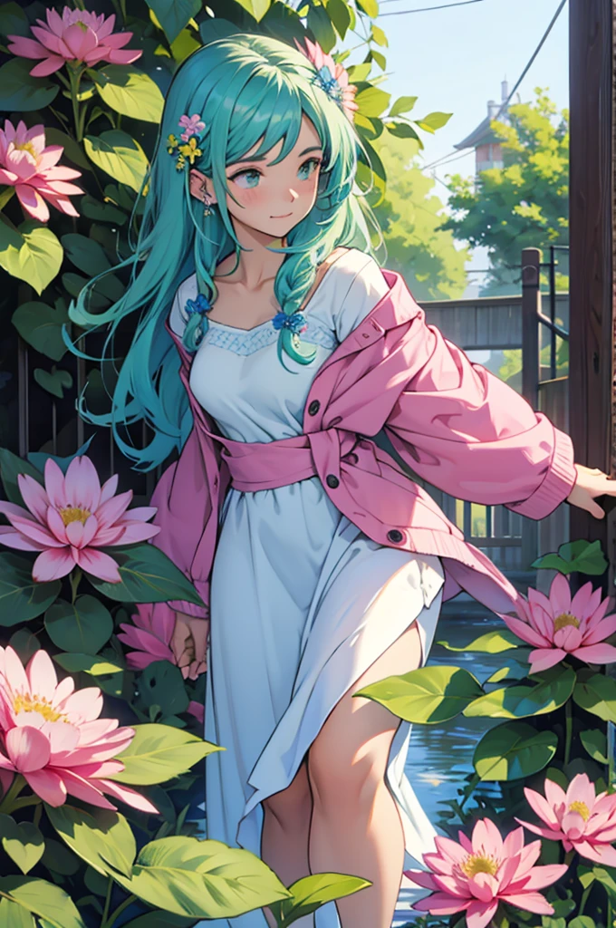 Blue-green flowers with pink