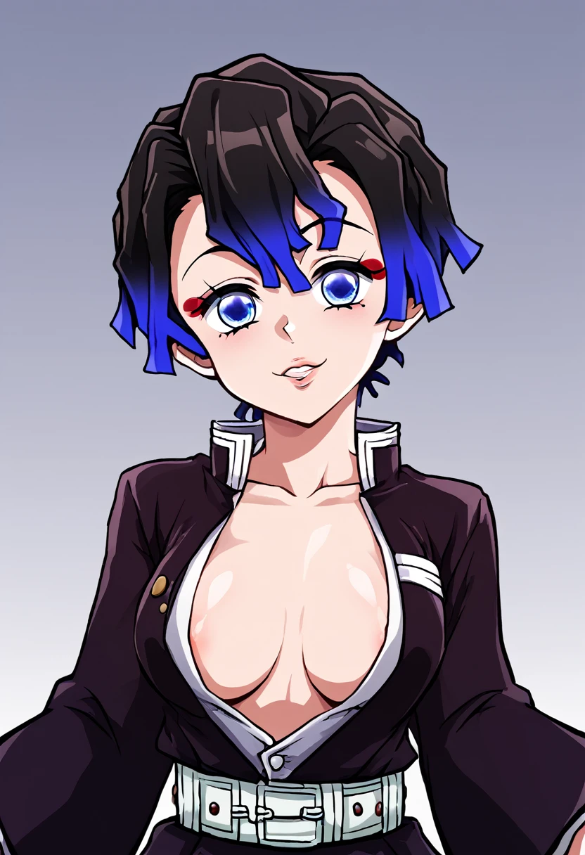 anime girl from the Kimetsu no Yaiba universe! straight and short hair, blue colored eyes, demon hunter outfit.