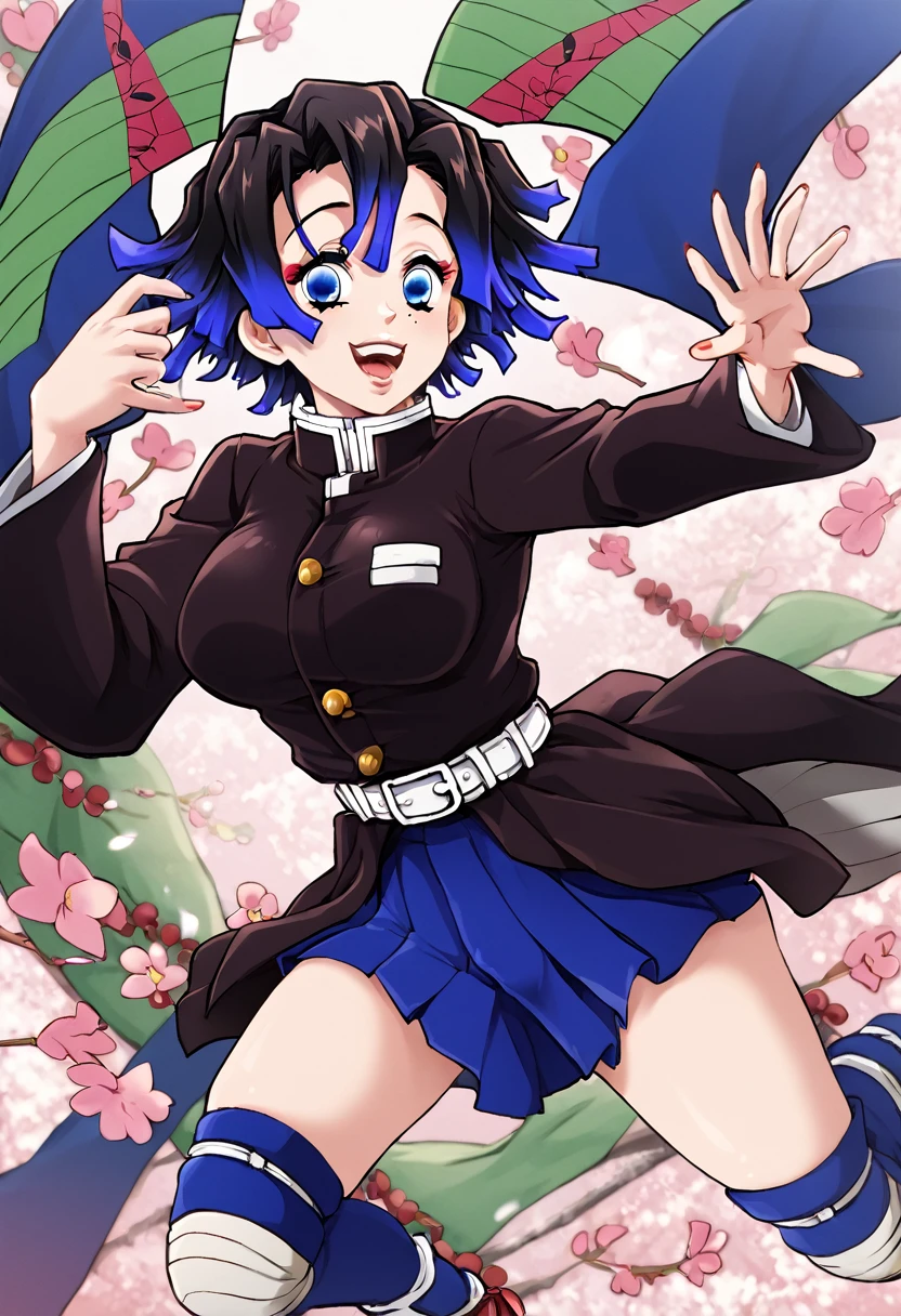 anime girl from the Kimetsu no Yaiba universe! straight and short hair, blue colored eyes, demon hunter outfit.