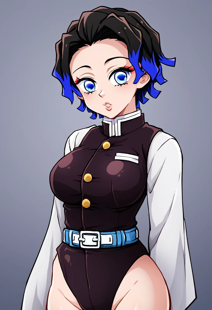 anime girl from the Kimetsu no Yaiba universe! straight and short hair, blue colored eyes, demon hunter outfit.