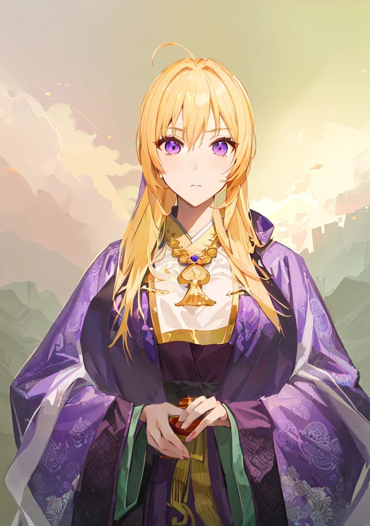 Wearing a purple robe、Cartoon image of a woman holding a bowl, ((Beautiful fantasy queen)), Produced in collaboration with Anime Painter Studio, Anime Goddess, Portrait of the Knights of the Zodiac, (Wearing noble robes)), Anime style like fate/overnight, Beautiful fantasy queen, In the anime painter studio，Three Kingdoms，Three Kingdoms志，Chinese style，antiquity，Hanfu，，巨big??，Good shape，Royal sister，Purple Eyes，Celluloid，big，Full figure，Noble，huge ，big ，big boods，??? body，yellow hair，Purple Eyes