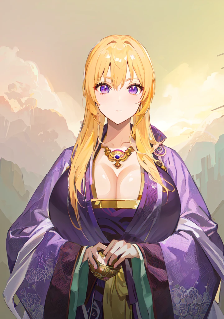 Wearing a purple robe、Cartoon image of a woman holding a bowl, ((Beautiful fantasy queen)), Produced in collaboration with Anime Painter Studio, Anime Goddess, Portrait of the Knights of the Zodiac, (Wearing noble robes)), Anime style like fate/overnight, Beautiful fantasy queen, In the anime painter studio,Three Kingdoms,Three Kingdoms志,Chinese style,antiquity,Hanfu,,巨big乳房,Good shape,Royal sister,Purple Eyes,Celluloid,big,Full figure,Noble,huge ,big ,big boods,sex body,yellow hair,Purple Eyes
