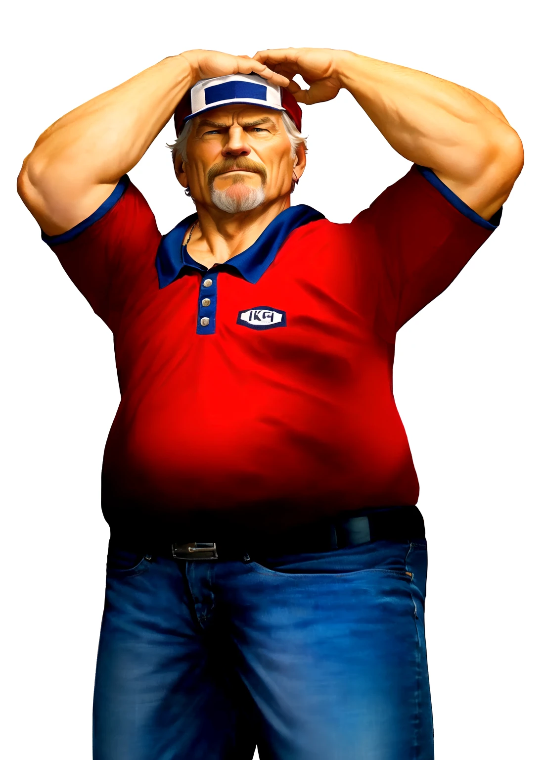 a close up of a man in his 60s wearing a red shirt and blue jeans, as a character in tekken, beefy, realistic textures, jeff bridges with a goatee, angry at you with disbelief for what you did, Out Run 2 flagman, 2 k, 2k, muscular bernie sanders, buff man, character from king of fighters, robust stocky body, hide the pain harold, name of character is flagman, wise face, his cap has a SEGA logo on it, (short GREY hair)