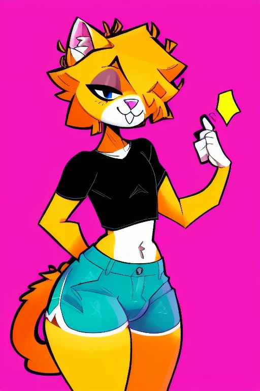 by Xexeezy, Xexeezy, BREAK
shaded, countershading, three-quarter portrait, three-quarter view
BREAK
tabby cat, domestic cat, feline, felid, hair, brown hair, messy hair, (hair over eye, one eye obstructed:1.1), brown body, brown fur, white chest, white belly, white muzzle, pink nose
BREAK
anthro, solo, male, girly, thick thighs, wide hips, fluffy tail
BREAK
standing, smile, smug, mouth closed, hand on hip
BREAK
hotpants, shorts, bottomwear, shirt, t-shirt, topwear, (black shirt, black topwear, grey shorts, grey bottomwear:1.25), baggy clothing