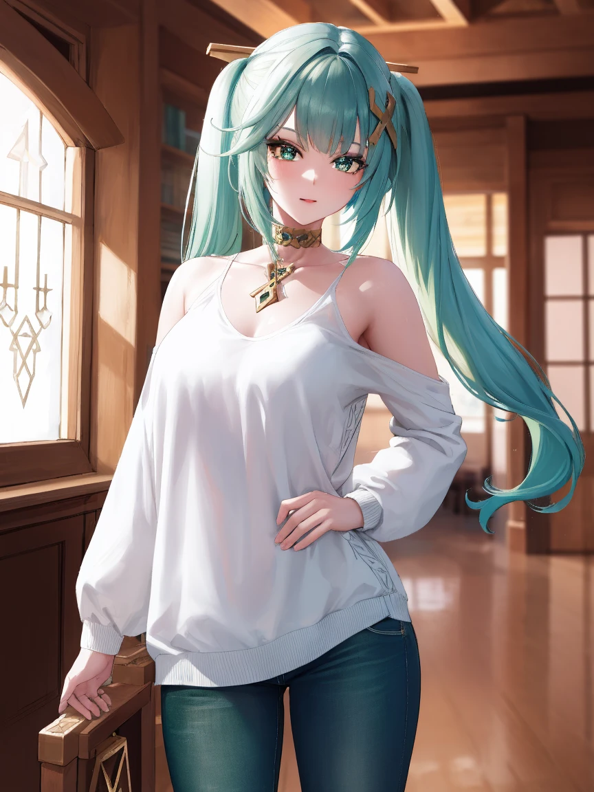 faruzan, faruzan, aqua hair, blunt bangs, cowlick, (green eyes:1.5), hair between eyes, hair ornament, long hair, (symbol-shaped pupils:1.5), (triangle-shaped pupils:1.5), twintails, x hair ornament, open mouth, smile,
BREAK pants, jeans, sweater, collarbone, long sleeves,
BREAK looking at viewer, full body, (cowboy shot:1.5), upper body,pose,right hand on hip,
BREAK indoors, library,
BREAK (masterpiece:1.2), best quality, high resolution, unity 8k wallpaper, (illustration:0.8), (beautiful detailed eyes:1.6), extremely detailed face, perfect lighting, extremely detailed CG, (perfect hands, perfect anatomy),