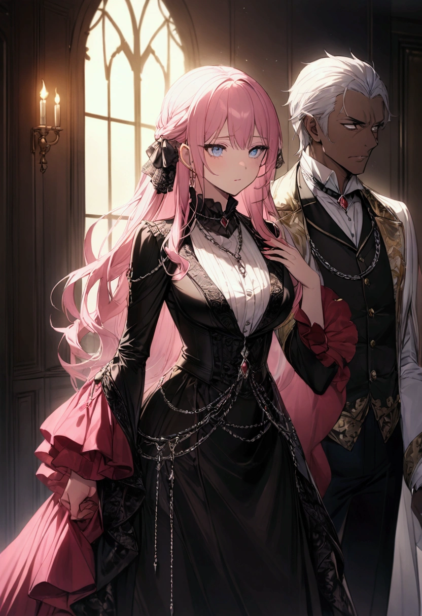 Aristocratic pink haired girl in luxurious clothes、blue eyes、With a middle-aged male slave on a chain around his neck
