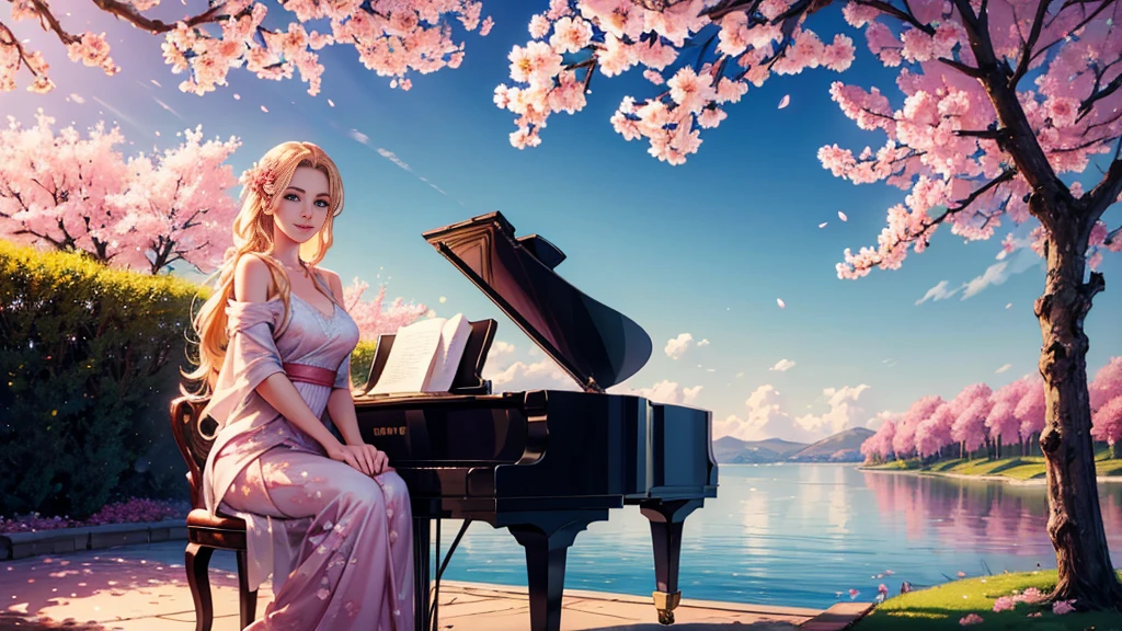 a smiling beautiful blonde girl with stunning blue eyes, playing a grand piano under a blooming cherry blossom tree with pink petals, masterpiece, (best quality,4k,8k,highres,masterpiece:1.2),ultra-detailed,(realistic,photorealistic,photo-realistic:1.37),intricate details,exquisite textures,soft lighting,warm color palette,cinematic composition,dramatic lighting,dramatic pose,elegant,graceful,serene,peaceful,calming,fantasy,digital painting,oil painting,photorealistic,highly detailed