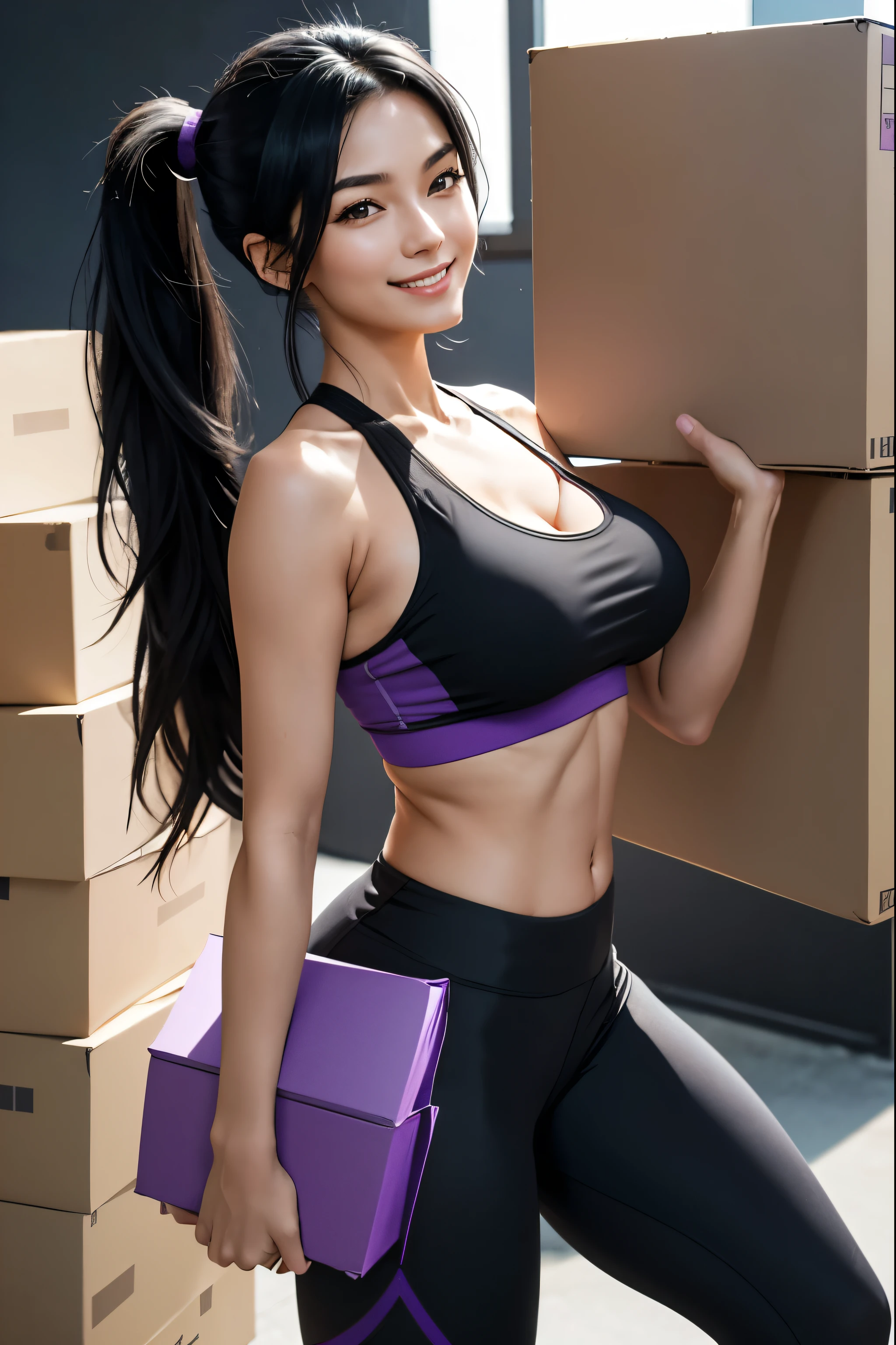 Woman, Black Hair, Long HAir, Ponytail, Very Large Breasts, Black Leggings, Purple Sports Bra, Woman (carrying Moving Box), ((Large box in both hands)), Carrying Breast rest,carried breast rest, carrying, Smiling