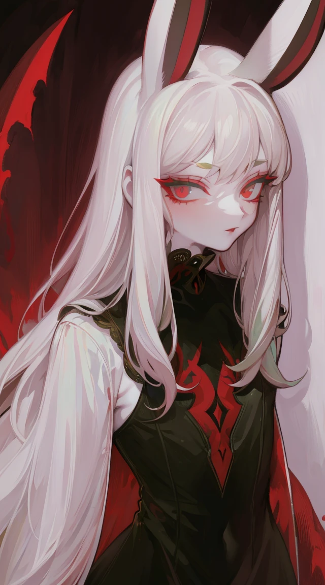 Picture of standing upper body, Distant view, in panoramic view, Expensive, One, pale-skinned, (rabbit ears), Thoughtful eyes, facial details, green-eyed, red eye shadow, The lips are red, Black Magic Dress, Carefully, Perverted Smirk, chedevr, high high quality, at the lowest limit, tiny,