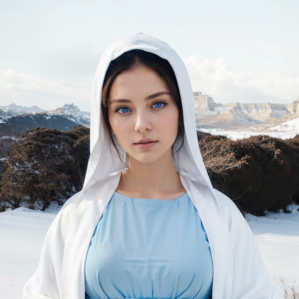 Beautiful woman with light blue eyes, Wears a blue tunic with wide, long sleeves adjusted at the waist by a white sash, wears a white cloak