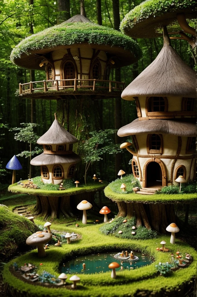 A fairy forest with a house made of mushrooms in a very magical place
