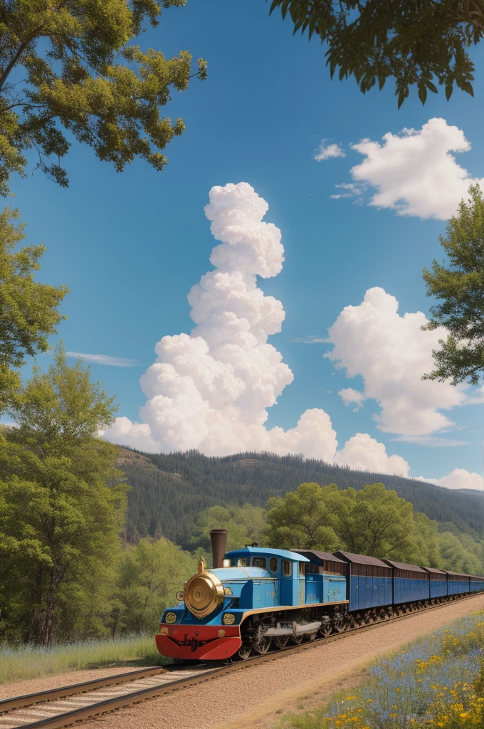 1girl, by Vija Celmins, Painting, forest, Magical Sky Blue and Peach ("The completion of the first transcontinental railroad":1.2) , Human Botanical Garden in background, Very wide view, Overdetailed art, Fearful, F/8, Agfacolor, Near future electric car chair