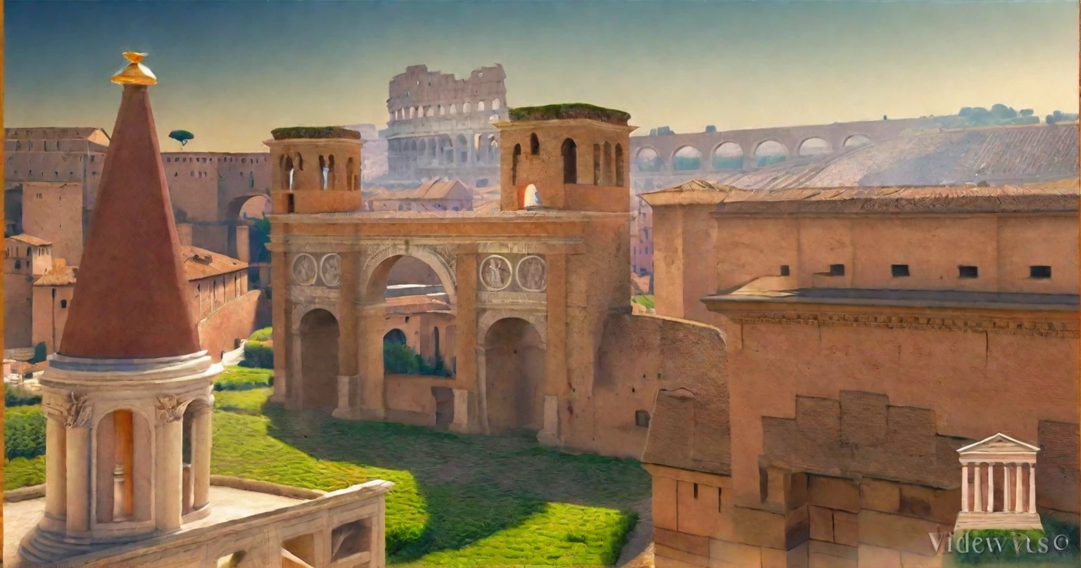 arafed view of a city with a lot of buildings and a clock tower, roman city, rome, ancient rome, rome in background, eternal city, roma, roman monuments, ancient roman setting, rome backdrop, roman historic works, market in ancient rome, old roman style, colosseo, city ruins in the background, ancient roman style, view from slightly above