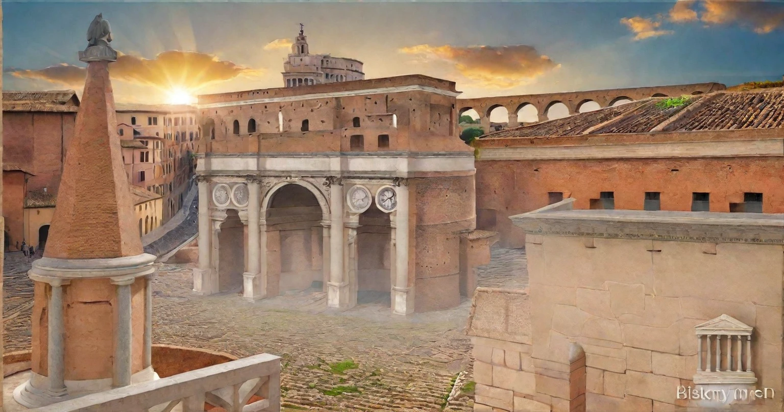arafed view of a city with a lot of buildings and a clock tower, roman city, rome, ancient rome, rome in background, eternal city, roma, roman monuments, ancient roman setting, rome backdrop, roman historic works, market in ancient rome, old roman style, colosseo, city ruins in the background, ancient roman style, view from slightly above