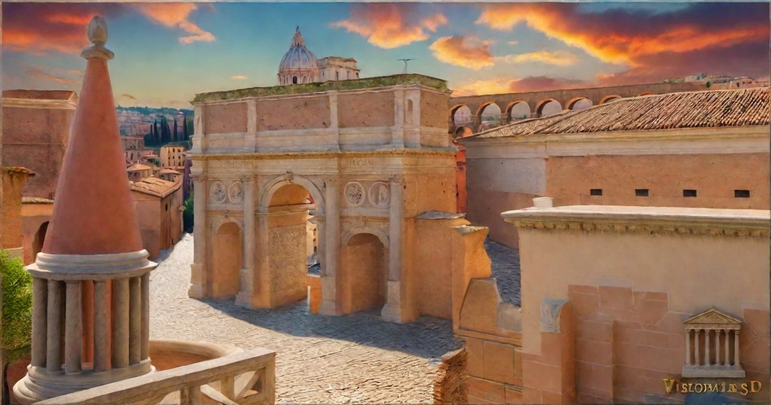 arafed view of a city with a lot of buildings and a clock tower, roman city, rome, ancient rome, rome in background, eternal city, roma, roman monuments, ancient roman setting, rome backdrop, roman historic works, market in ancient rome, old roman style, colosseo, city ruins in the background, ancient roman style, view from slightly above