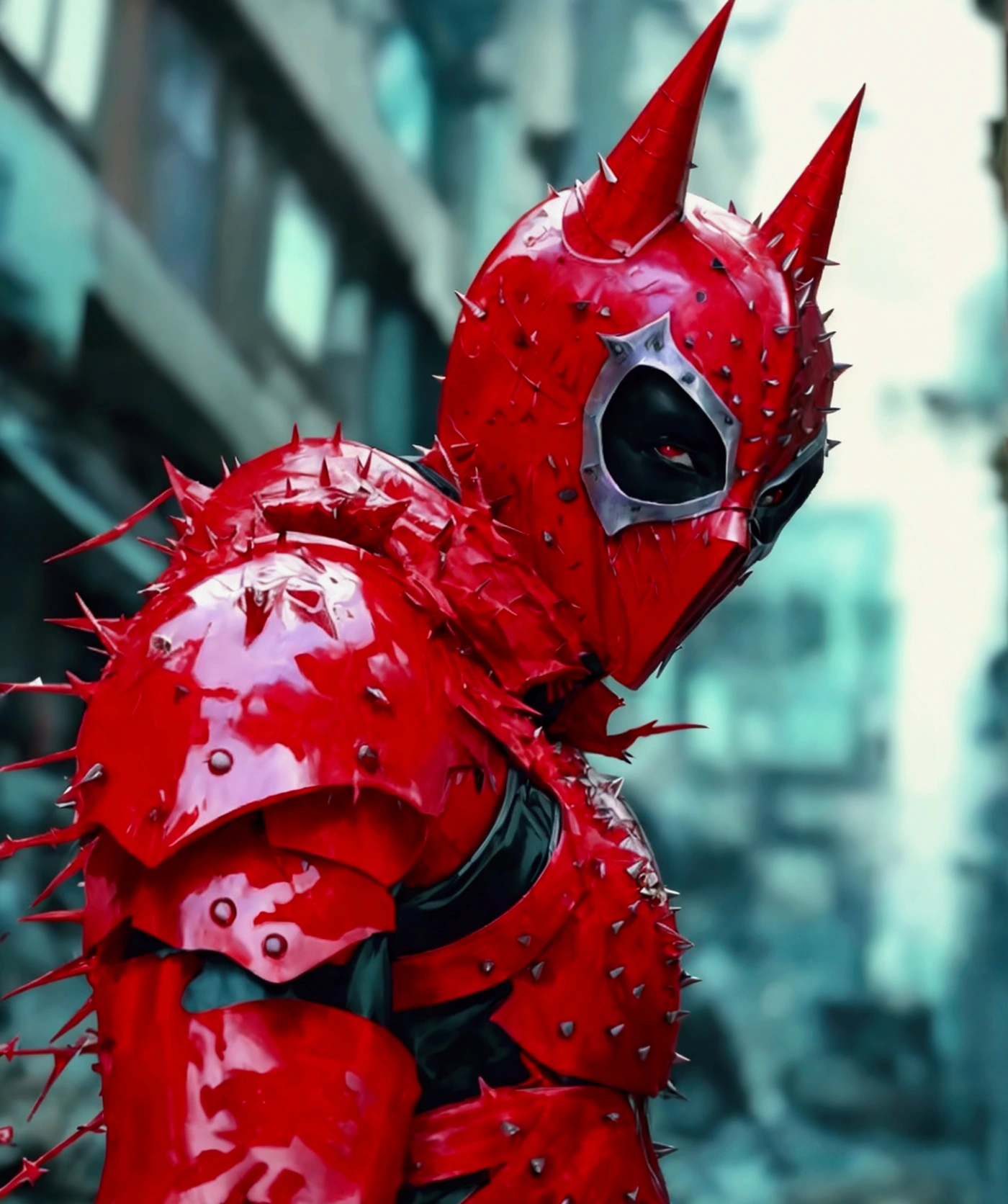 (extremely detailed 8k wallpaper), a medium shot photo of  Grim dressed as a scary masked red and purple plastic-supervillain in a red and purple spiked armour made of fur glowing armour with spikes from marvel, theme, intricate, high detail, dramatic, plastic garbage and destroyed buildings in the background