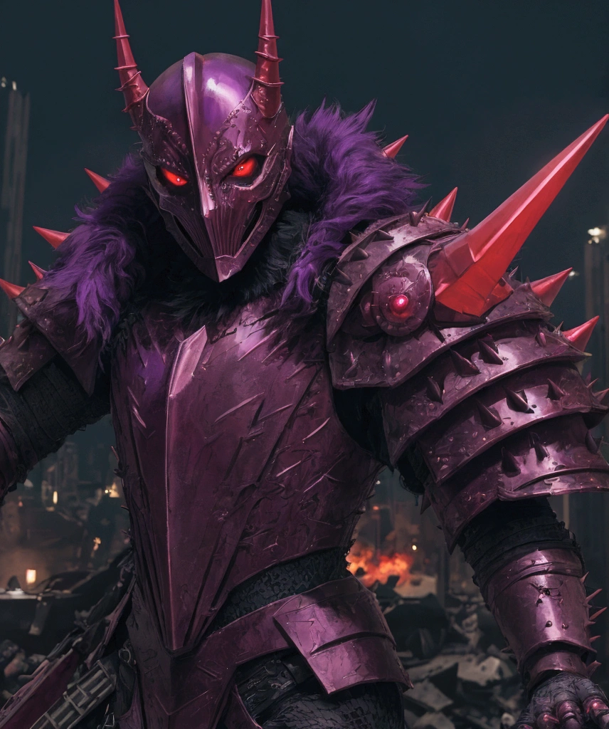 (extremely detailed 8k wallpaper), a medium shot photo of Grim dressed as a scary masked orange and purple furry-supervillain in a orange and purple spiked armour made of fur glowing armour with spikes from marvel, theme, intricate, high detail, dramatic, furry monster and destroyed buildings in the background