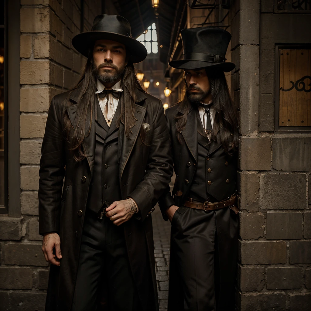 Scene of an alley.Madrid of the Austrians. A man with a hat, beard and long hair lurks from the shadows. steampunk. Laton. vapor. steampunk noche sombras luces se gas. Golden age. Waxed twla overcoat ruff and wide-brimmed hat