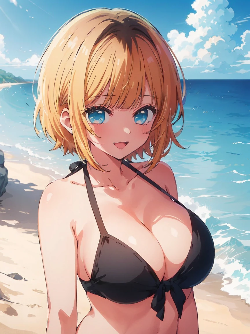 1 Girl, Memocho, Blonde, blue eyes, Blunt bangs, short hair,(((Anime Style)))、(((2D)))、、smile、close、Open your mouth、Black hair only on the head、(((Big Breasts)))、(((bikini)))、Beach