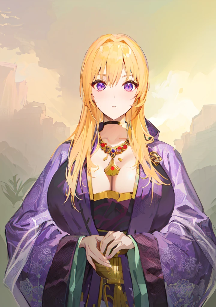 Wearing a purple robe、Cartoon image of a woman holding a bowl, ((Beautiful fantasy queen)), Produced in collaboration with Anime Painter Studio, Anime Goddess, Portrait of the Knights of the Zodiac, (Wearing noble robes)), Anime style like fate/overnight, Beautiful fantasy queen, In the anime painter studio，Three Kingdoms，Three Kingdoms志，Chinese style，antiquity，Hanfu，，巨big乳房，Good shape，Royal sister，Purple Eyes，Celluloid，big，Full figure，Noble，huge ，big ，big boods，sex body，yellow hair，Purple Eyes