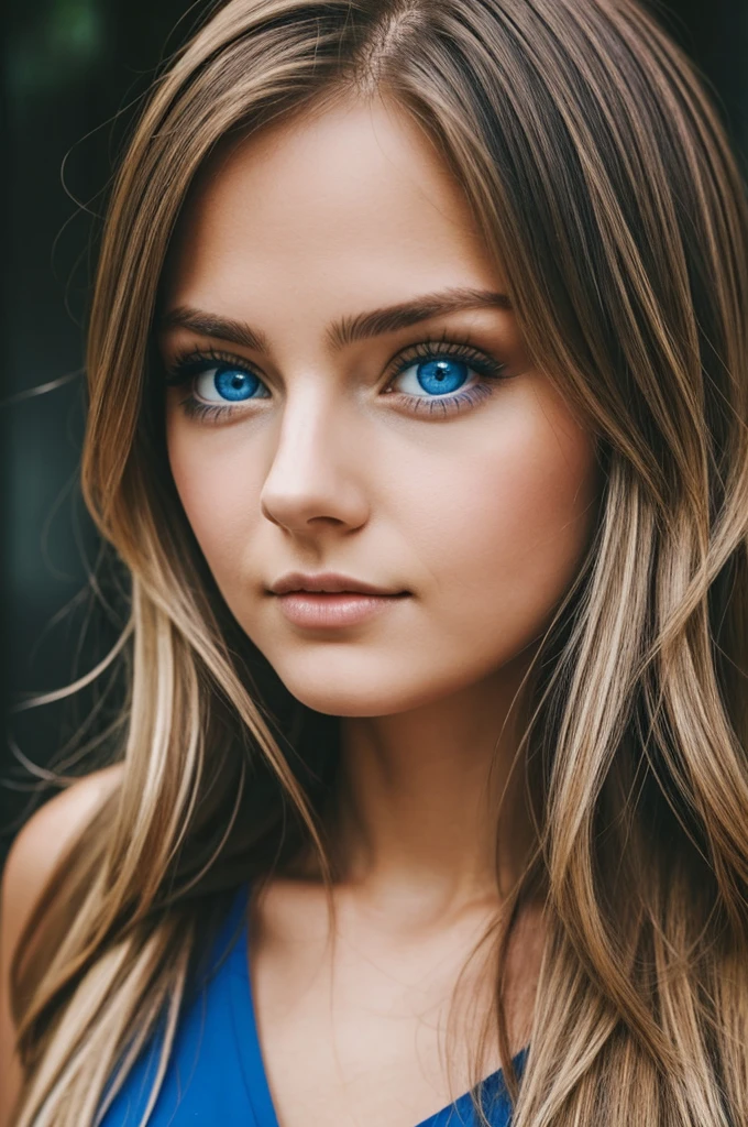 A girl with brown hair with two green strands in front,blue eyes and unisex clothing
