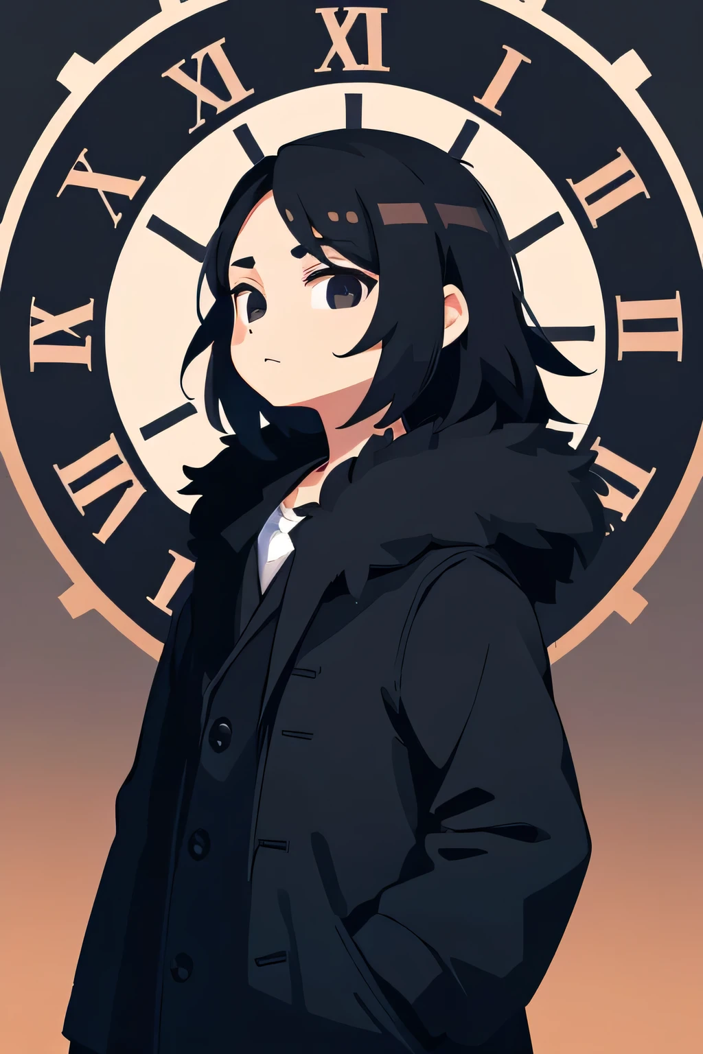 boy, black hair, black eyes, black coat with fur, clock background