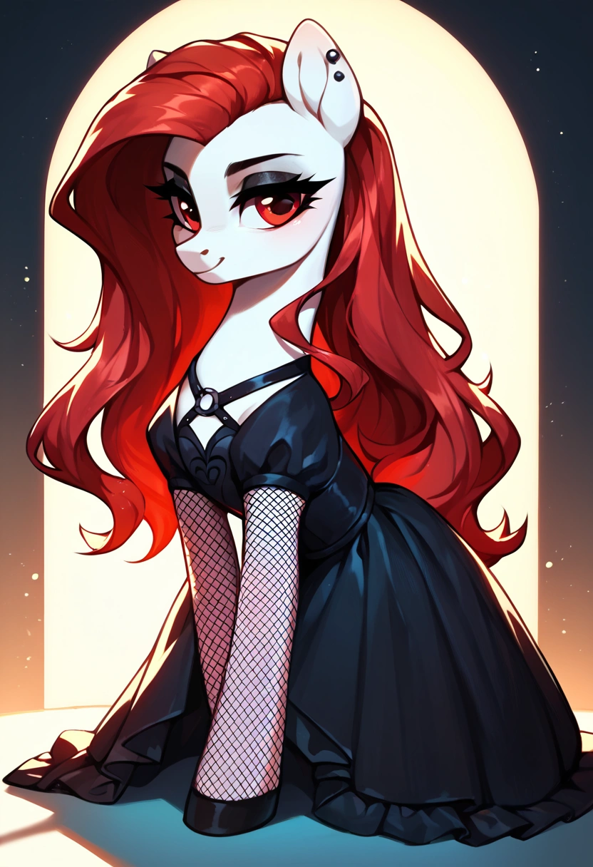 score_9,score_8_up,score_7_up,score_6_up, ((my little pony)), radiant lighting, vibrant colors, whimsical atmosphere, 8K, high resolution, highly detailed, masterpiece, white body, goth style, very long red hair, red eyes, fishnet stockings, dress
