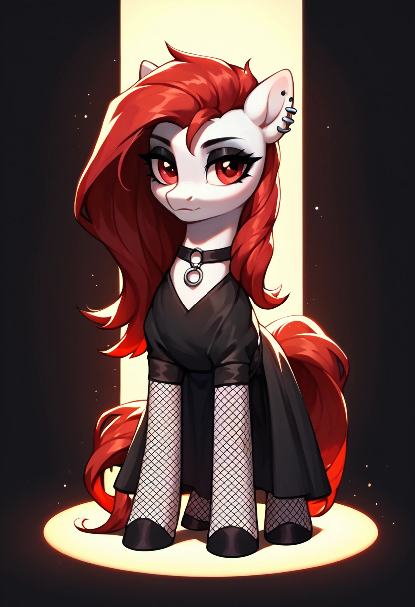 score_9,score_8_up,score_7_up,score_6_up, ((my little pony)), radiant lighting, vibrant colors, whimsical atmosphere, 8K, high resolution, highly detailed, masterpiece, white body, goth style, very long red hair, red eyes, fishnet stockings, dress