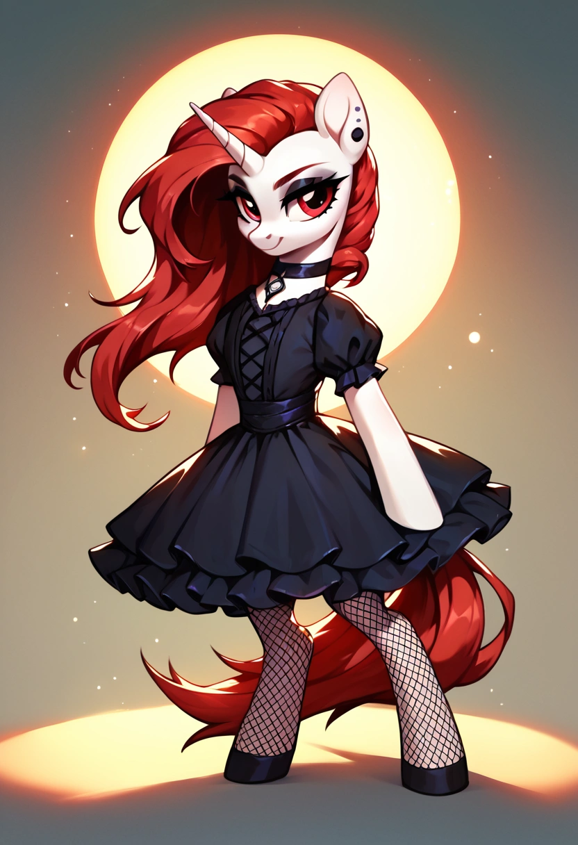 score_9,score_8_up,score_7_up,score_6_up, ((my little pony)), radiant lighting, vibrant colors, whimsical atmosphere, 8K, high resolution, highly detailed, masterpiece, white body, goth style, very long red hair, red eyes, fishnet stockings, dress