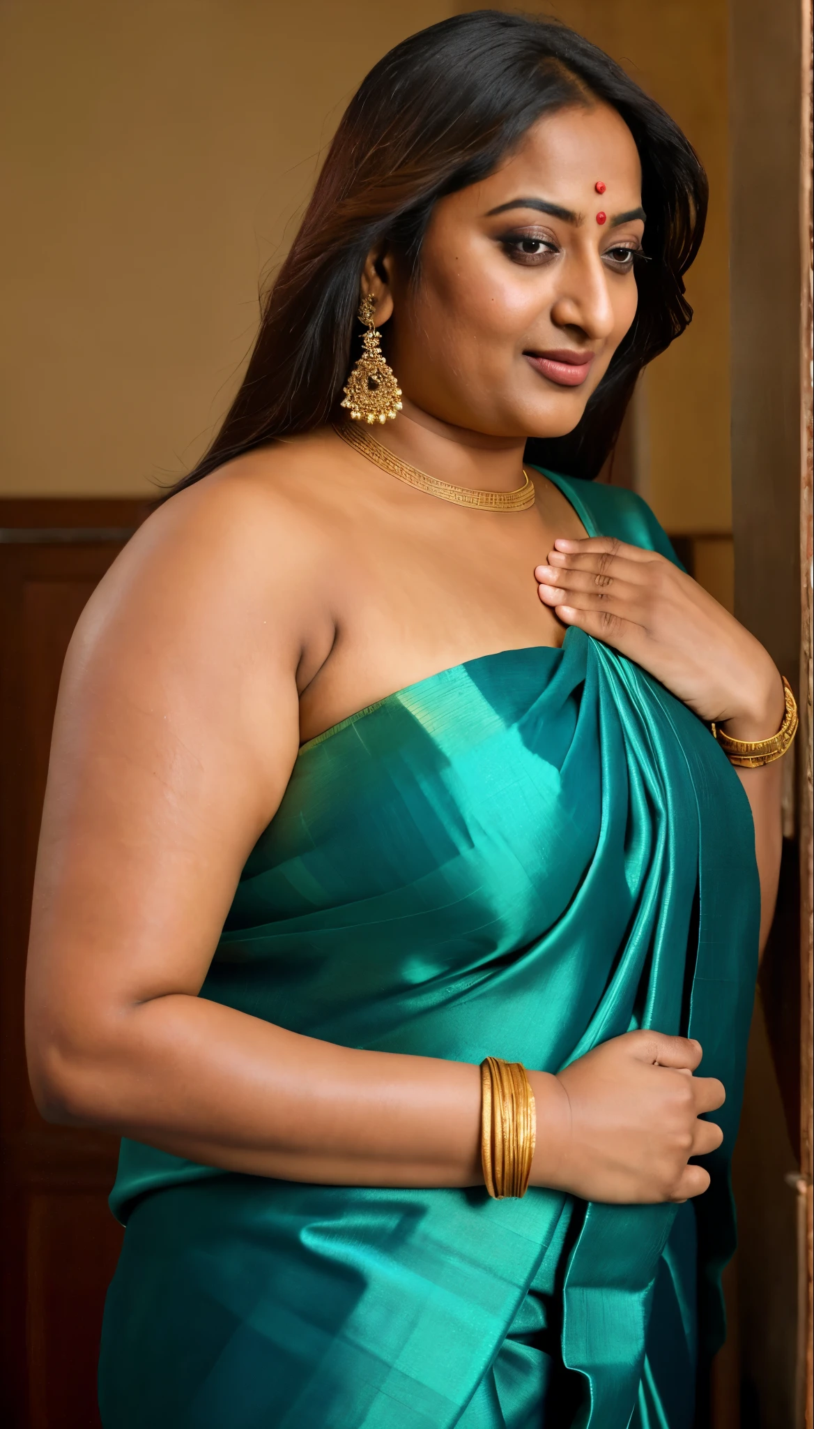 Foto RAW, photorealistic, photography, full body shot, 50 years old Woman, master shot, perfect eyes, goddess like beauty, pierced eyes, perfect thick chubby mallu Desi aunty bhabhi, Wearing a Stanapatta, a chest-band.Saree model, model Photography, Indian saree shoot, Indian traditional wear advertising photography, traditional wear brand shoot, face of Indian actress Sonakshi Sinha, masterpiece, realistic, realism, incredible details,  pleasure, photorealism, detailed skin, skin pores, high contrast, photorealistic Artstation 8k HD digital art trend of high definition and detailed realistic skin texture, ultra detail, realistic skin texture, armature, best quality, ultra high definition, (photorealistic:1.4),, high resolution, detail, raw photo, sweat, Re sharp, by Lee Jefferies Nikon D850 Film Stock Photo 4 Kodak Portra 400 Camera F1.6 Lens Rich Color Ultra Real Realistic Realistic Textures Dramatic Lighting Unreal Engine Trending at Art Station Cinestill 800,(pele altamente detalhada: 1.2), 8k UHD, DSLR, soft-lighting, alta qualidade, grain of film, Fujifilm XT3,she didn't like to wear blouse or bra, she is happy to wear only saree, she hates blouse or bra, detailed hairy armpits, hyper realistic skin, skin pores, sweat, veins, short hairs on armpit, stubble armpits, hyper realistic hairy armpits, low waist saree, 