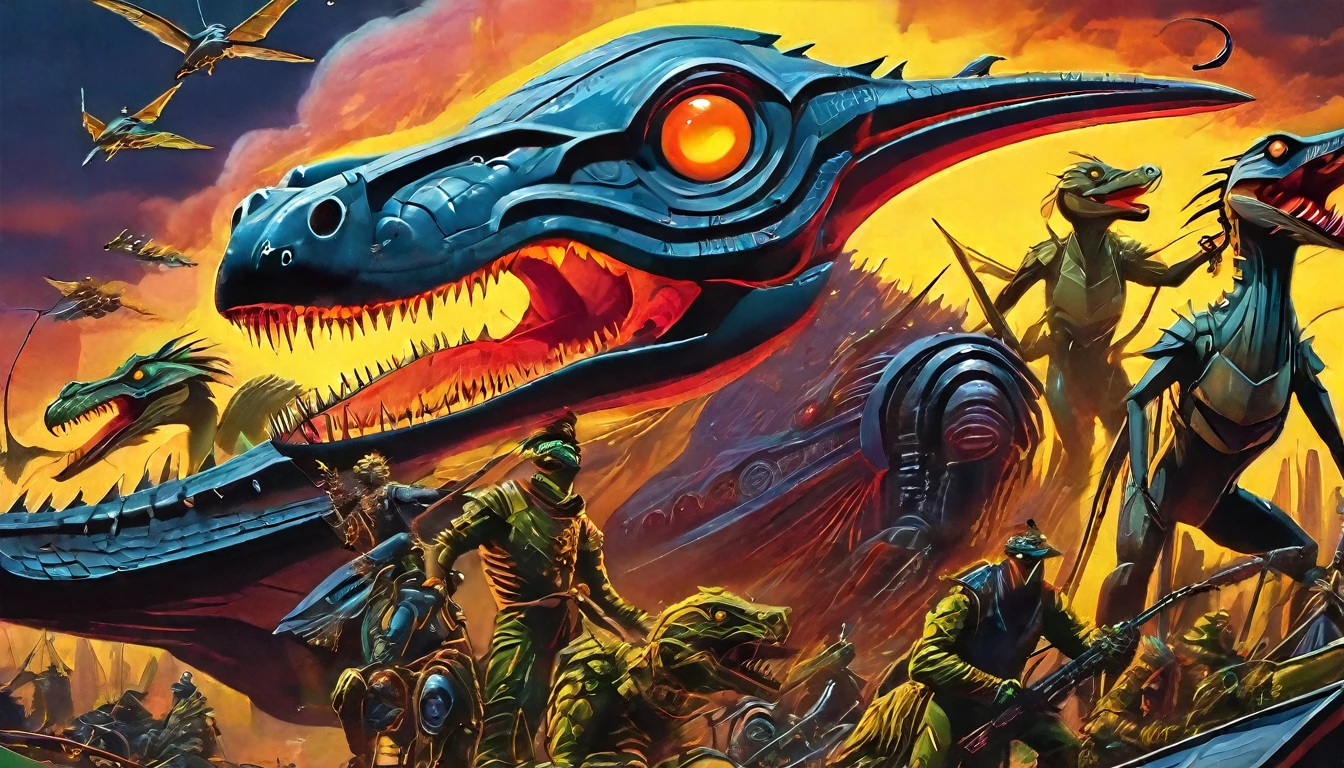 in (medium full shot:4.1) lot ofcharacters from Galaxy of Terror, inspired by Ed Emshwiller and Heavy Metal Magazine, Cyberpunk apocalypse in chaotic world, stalenhag, metal album cover, gwar, flying pterosaur, monsters and robots, wayne barlowe pierre pellegrini, retro sci fi, movie poster promo, very detailed face, bue skin, white eyes, moody, epic, shot on Kodak Vision3, (intricate details), (hyperdetailed), 8k hdr, high detailed, lot of detailed, high quality, soft cinematic light, dramatic atmosphere, atmospheric pespective