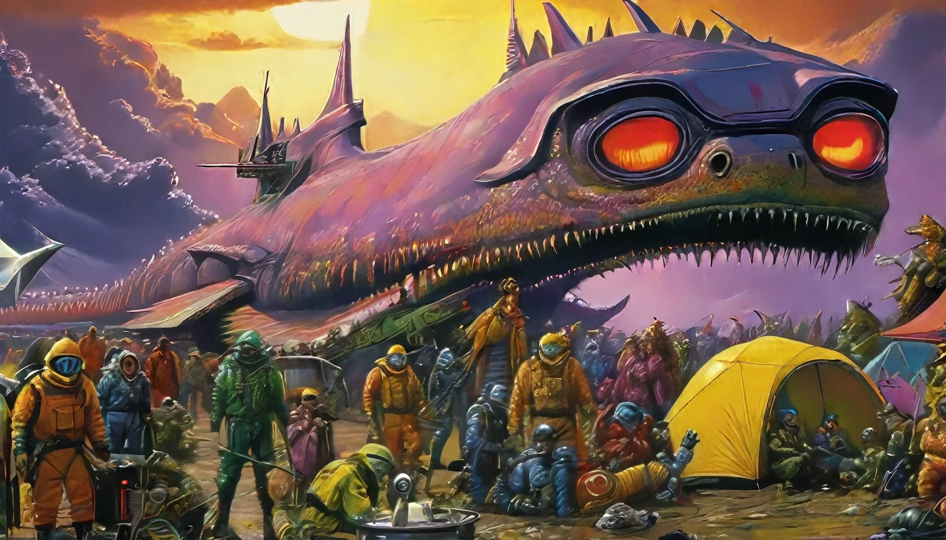 in (medium full shot:4.1) lot ofcharacters from Galaxy of Terror, inspired by Ed Emshwiller and Heavy Metal Magazine, Cyberpunk apocalypse in chaotic world, stalenhag, metal album cover, gwar, flying pterosaur, monsters and robots, wayne barlowe pierre pellegrini, retro sci fi, movie poster promo, very detailed face, bue skin, white eyes, moody, epic, shot on Kodak Vision3, (intricate details), (hyperdetailed), 8k hdr, high detailed, lot of detailed, high quality, soft cinematic light, dramatic atmosphere, atmospheric pespective