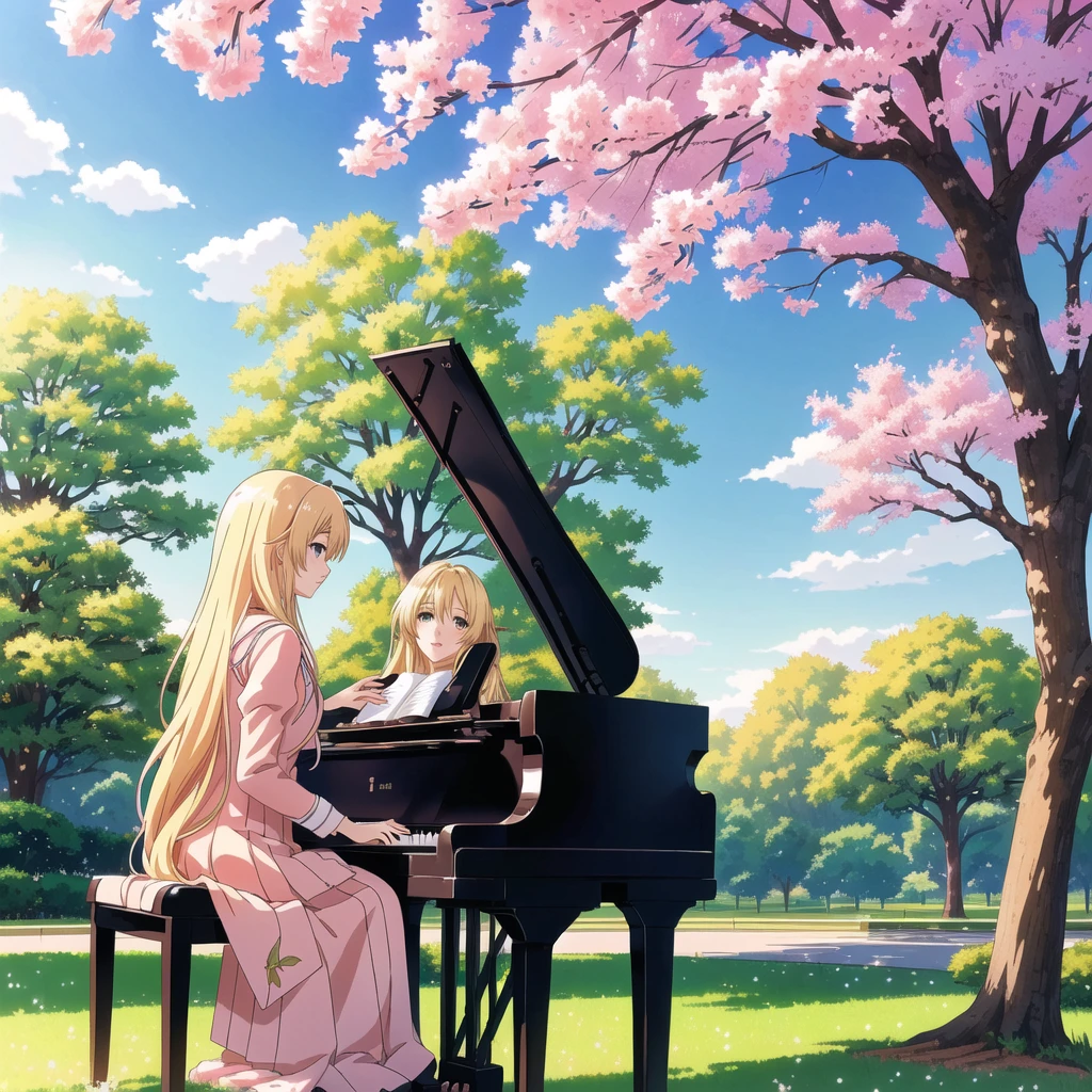 anime girl sitting at the piano in a park with a cherry tree, , pianist, blonde anime girl with long hair, nightcore, offcial art, cute anime, background art, high quality anime art style, anime cute peace dinner, cute anime style, anime image, high definition anime art, cute anime art style, play piano, masterful composition!!!