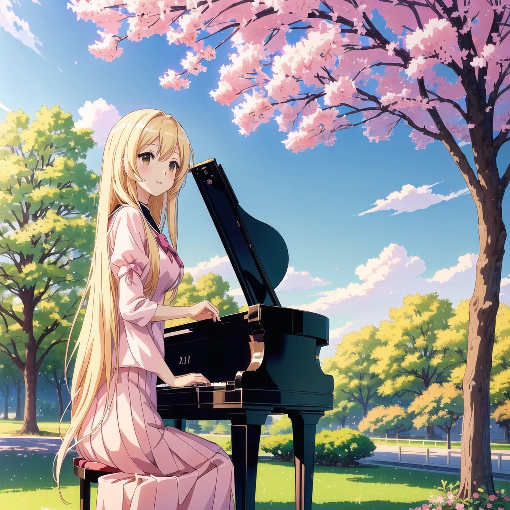 anime girl sitting at the piano in a park with a cherry tree, , pianist, blonde anime girl with long hair, nightcore, offcial art, cute anime, background art, high quality anime art style, anime cute peace dinner, cute anime style, anime image, high definition anime art, cute anime art style, play piano, masterful composition!!!