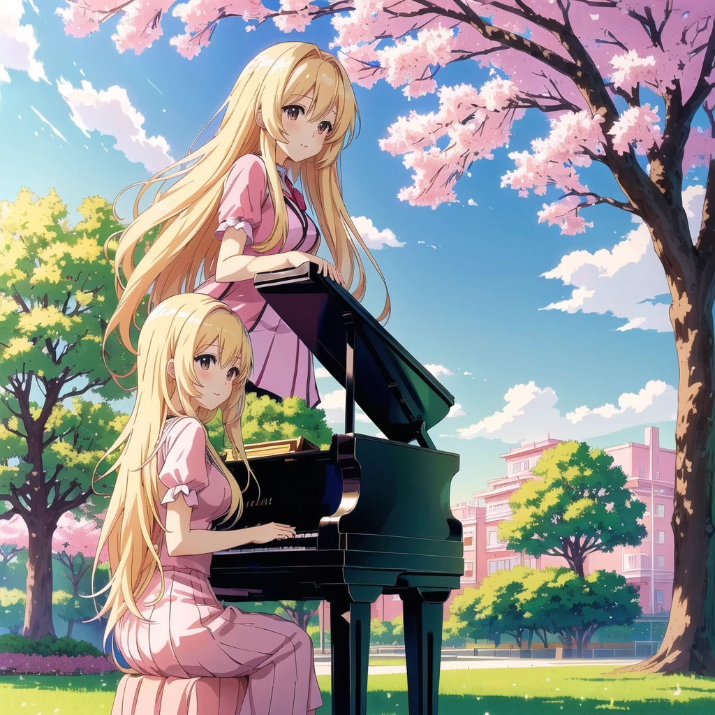 anime girl sitting at the piano in a park with a cherry tree, , pianist, blonde anime girl with long hair, nightcore, offcial art, cute anime, background art, high quality anime art style, anime cute peace dinner, cute anime style, anime image, high definition anime art, cute anime art style, play piano, masterful composition!!!