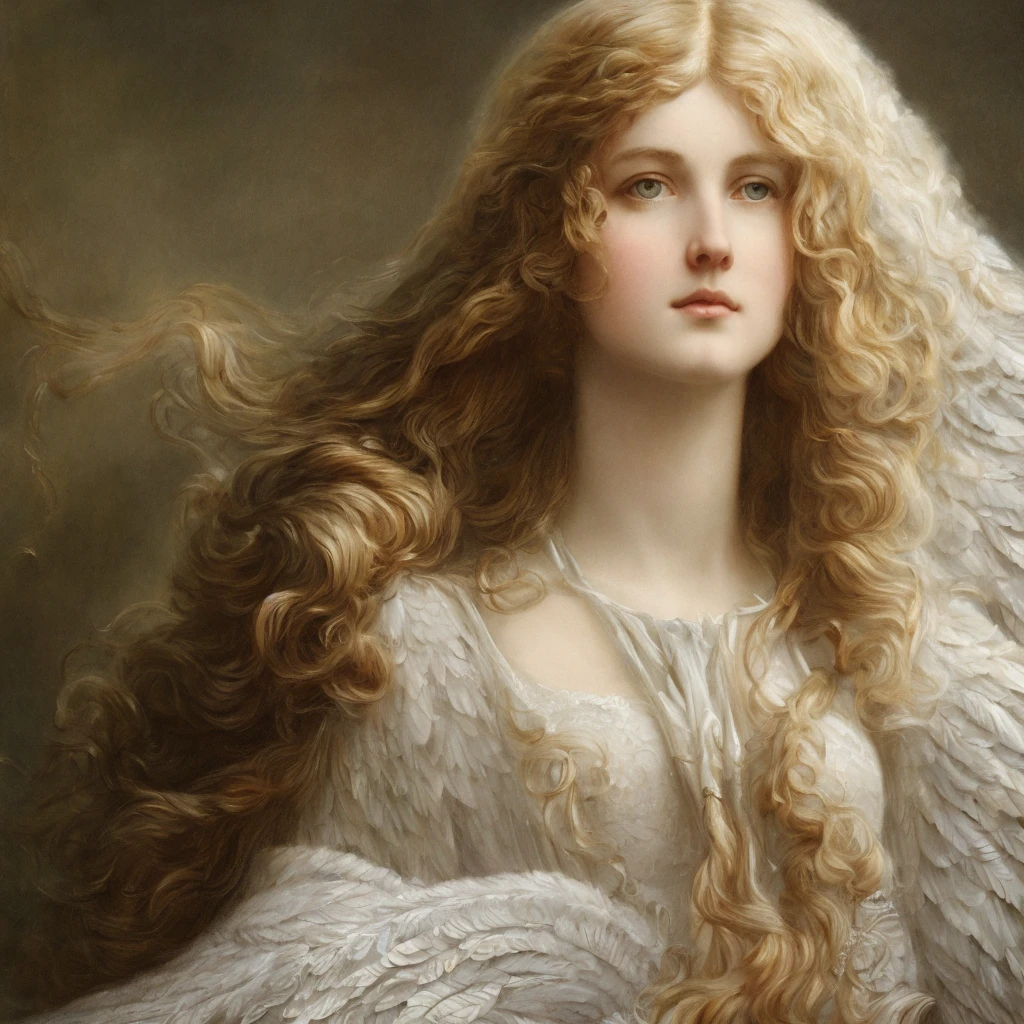 Pre-Raphaelite portrait of a young archangel with long white hair, wearing intricate armor, glorious atmosphere, strong textures, high-quality, high definition, by Annie Stegg