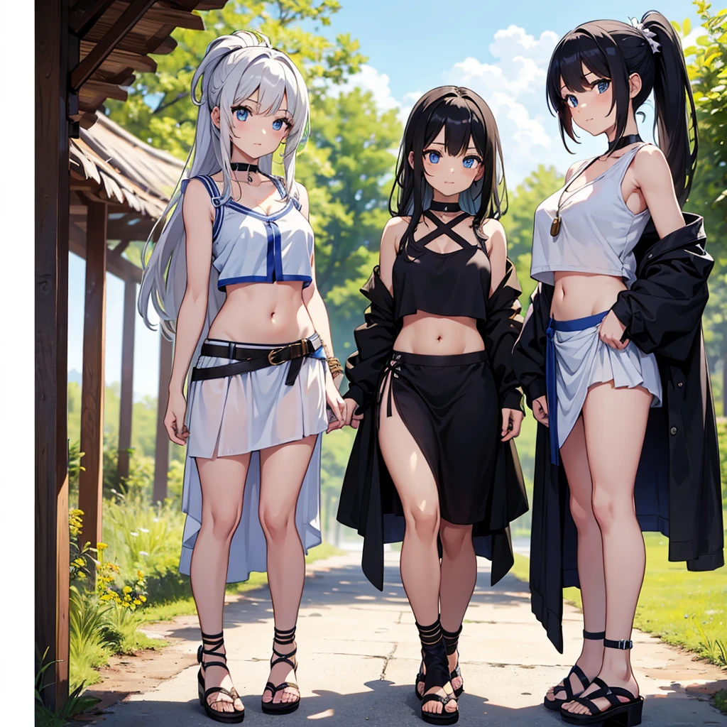 young greek warriors girls in togas , only girls , forest in the background , sandals , sexy, exposed belly, muscular girl, defined abdomen, choker, navel, blue eyes, stomach, multiple girls, midriff, looking at viewer, black hair, long hair, bare shoulders, white skirt, skirt, outdoors, crop top, armpits, breasts, sandals, standing, ponytail, revealing clothes, thighs, medium breasts, shirt, black shirt, jewelry, short hair, sleeveless, black choker, crop top overhang
