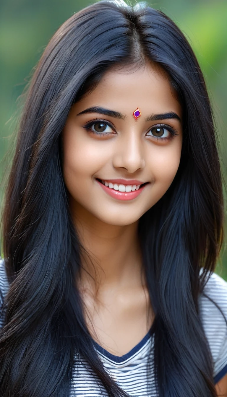 there is a woman with big , long straight black hair , realistic face , young and cute girl , 18 years old , attractive girl , cute beautiful , very beautiful girl , 22 years old , 21 years old , with cute - beautiful - face , girl with cute face , Indian , Girl next door innocent look , cute seductive smile , portrait photo avatar , looks straight