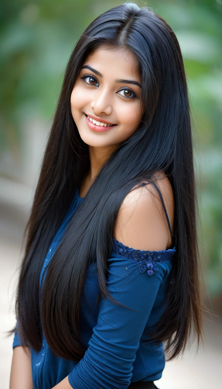 there is a woman with big , long straight black hair , realistic face , young and cute girl , 18 years old , attractive girl , cute beautiful , very beautiful girl , 22 years old , 21 years old , with cute - beautiful - face , girl with cute face , Indian , Girl next door innocent look , cute seductive smile , portrait photo avatar , looks straight 