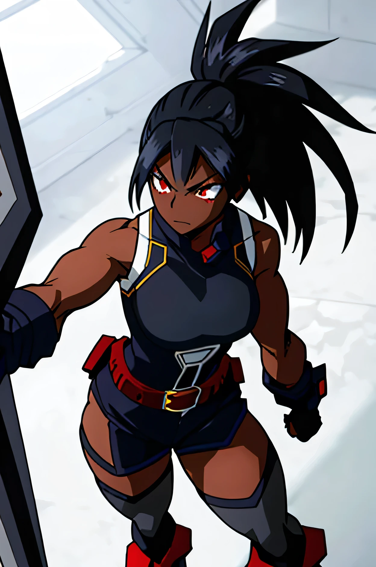 Dark-skinned woman with red eyes, fairly long black hair with a ponytail, strong body and somewhat large thighs and chest, wearing a black and gray hero costume Sleeveless, up to the neck with black stockings with Black with gray, brown gloves and a belt, along with two dark red wings on its back