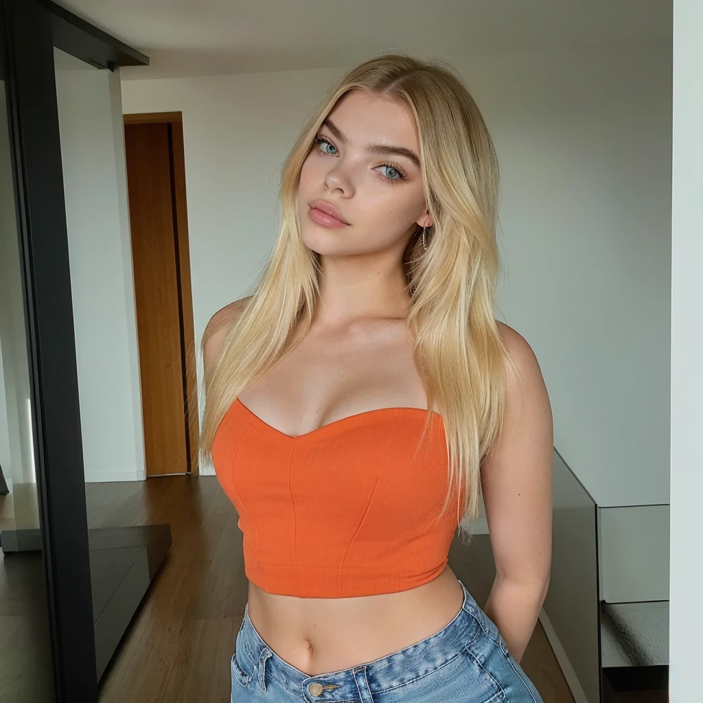 Mujer rubia con orange top y jeans posando para una foto, orange top, wearing a sexy crop top, Anya Taylor joy, Kailee Mandel, a gorgeous rubio, Ava Max, rubio, Anya Taylor-Joy, Anya Taylor - joy, Instagram Template, with long blonde hair, Dua Lipa, sexy girl with long rubio hair, long rubio hair and large eyes