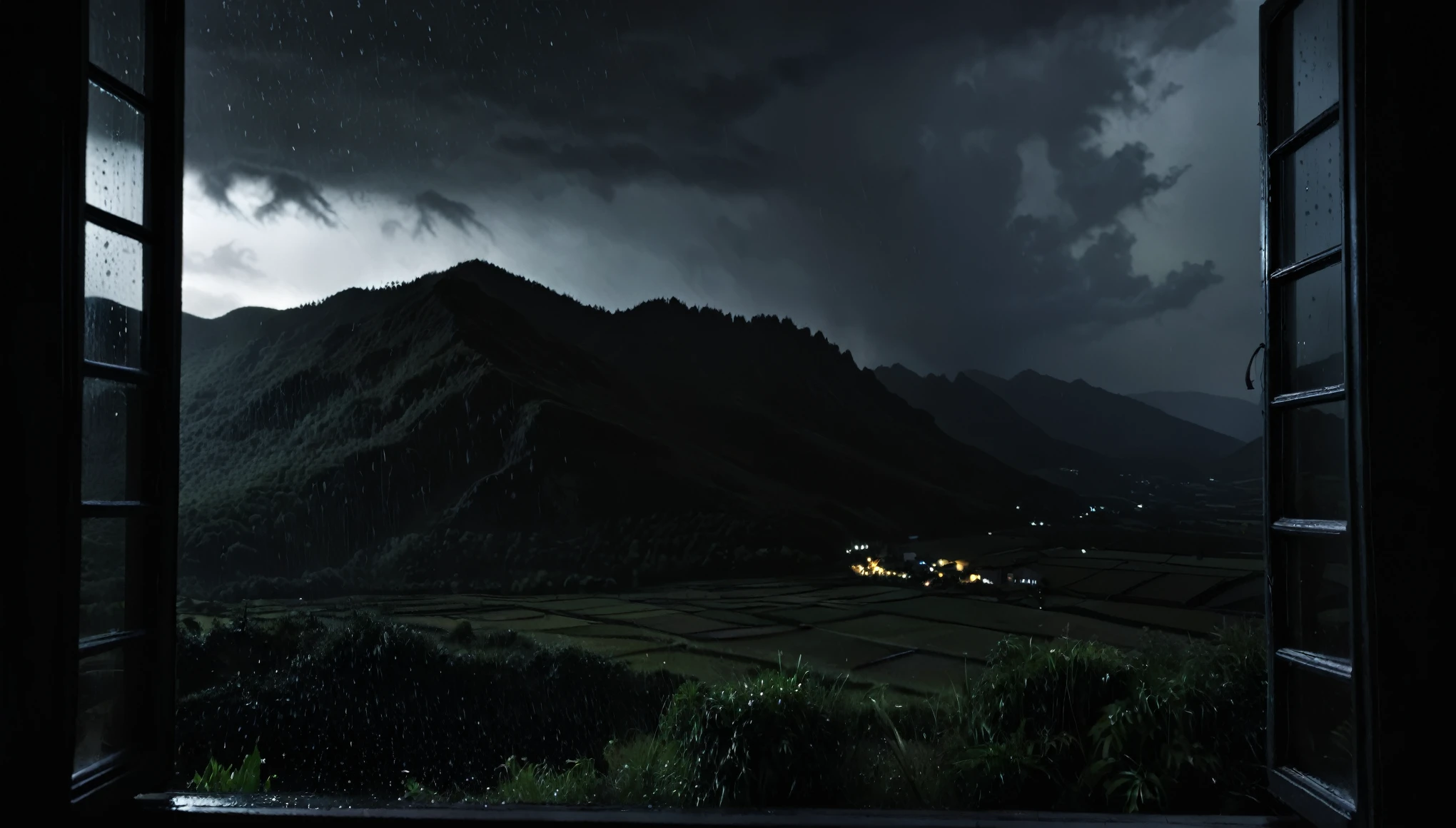 view from a dark window with black walls, outside dark mountains at night and black rain sky
