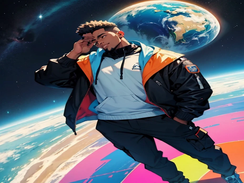 cool black man thinking about happy life with colorful planet background