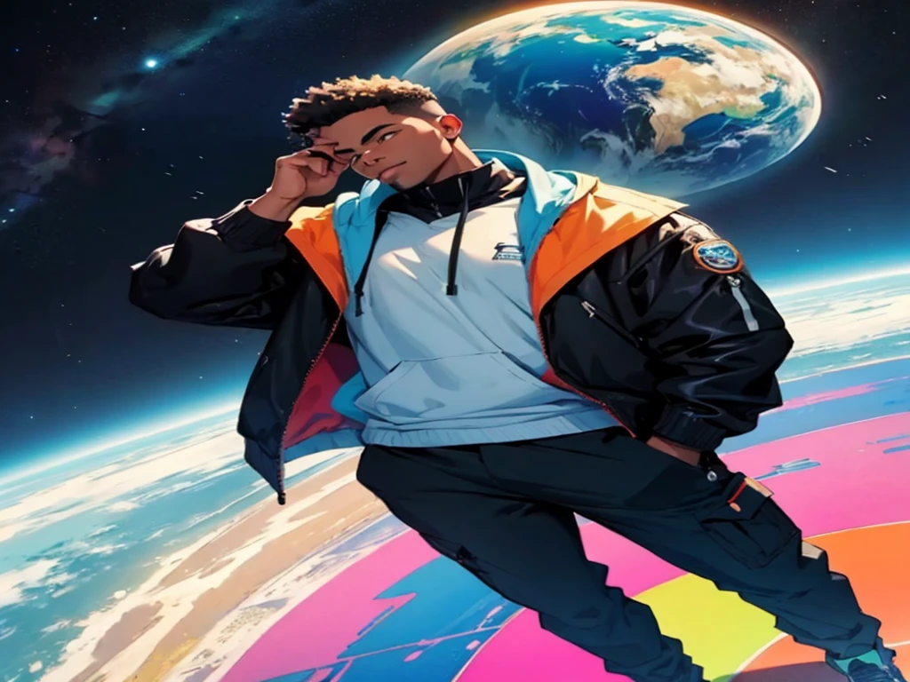 cool black man thinking about happy life with colorful planet background