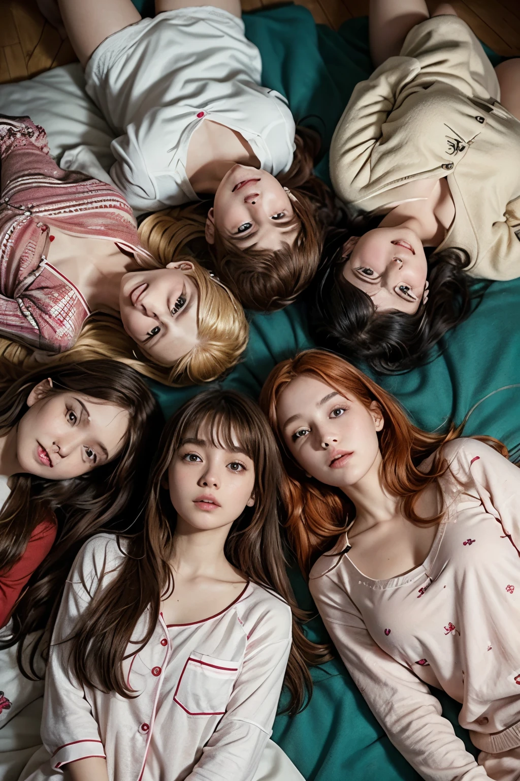 Group of five girls on a pajama night, a blond, two with black hair, one with brown hair and one with red hair, lying on mattresses on the floor, fundo de quarto