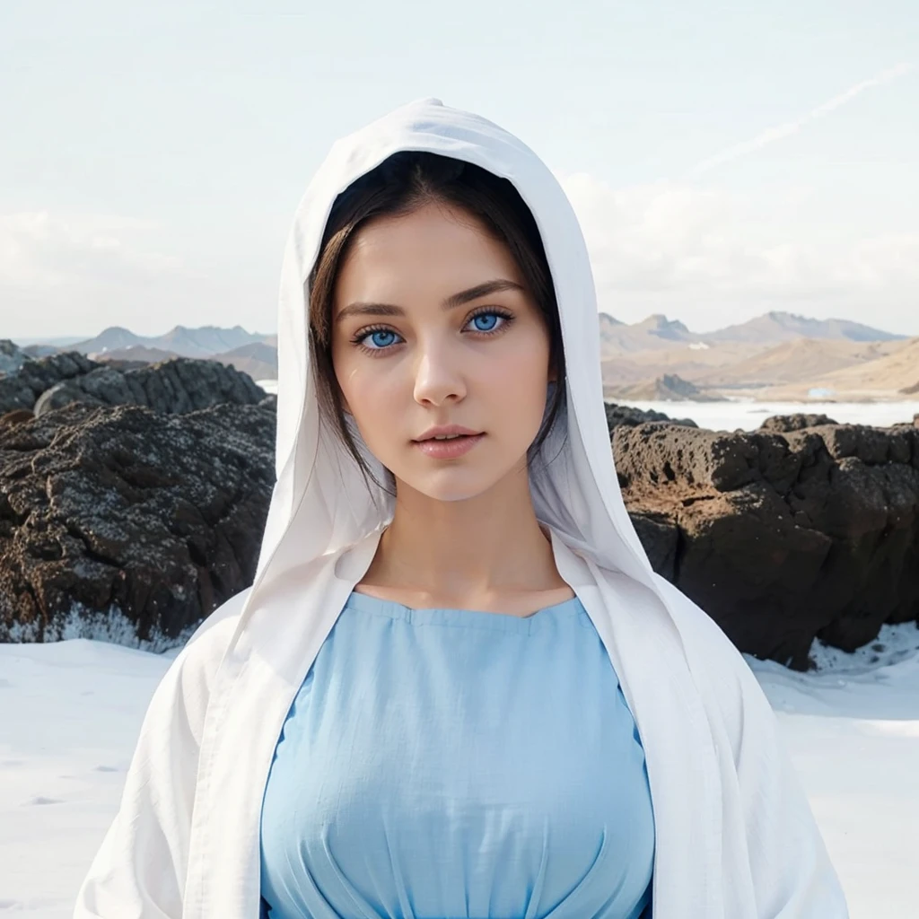 Beautiful woman with light blue eyes, Wears a blue tunic with wide, long sleeves adjusted at the waist by a white sash, wears a white cloak 