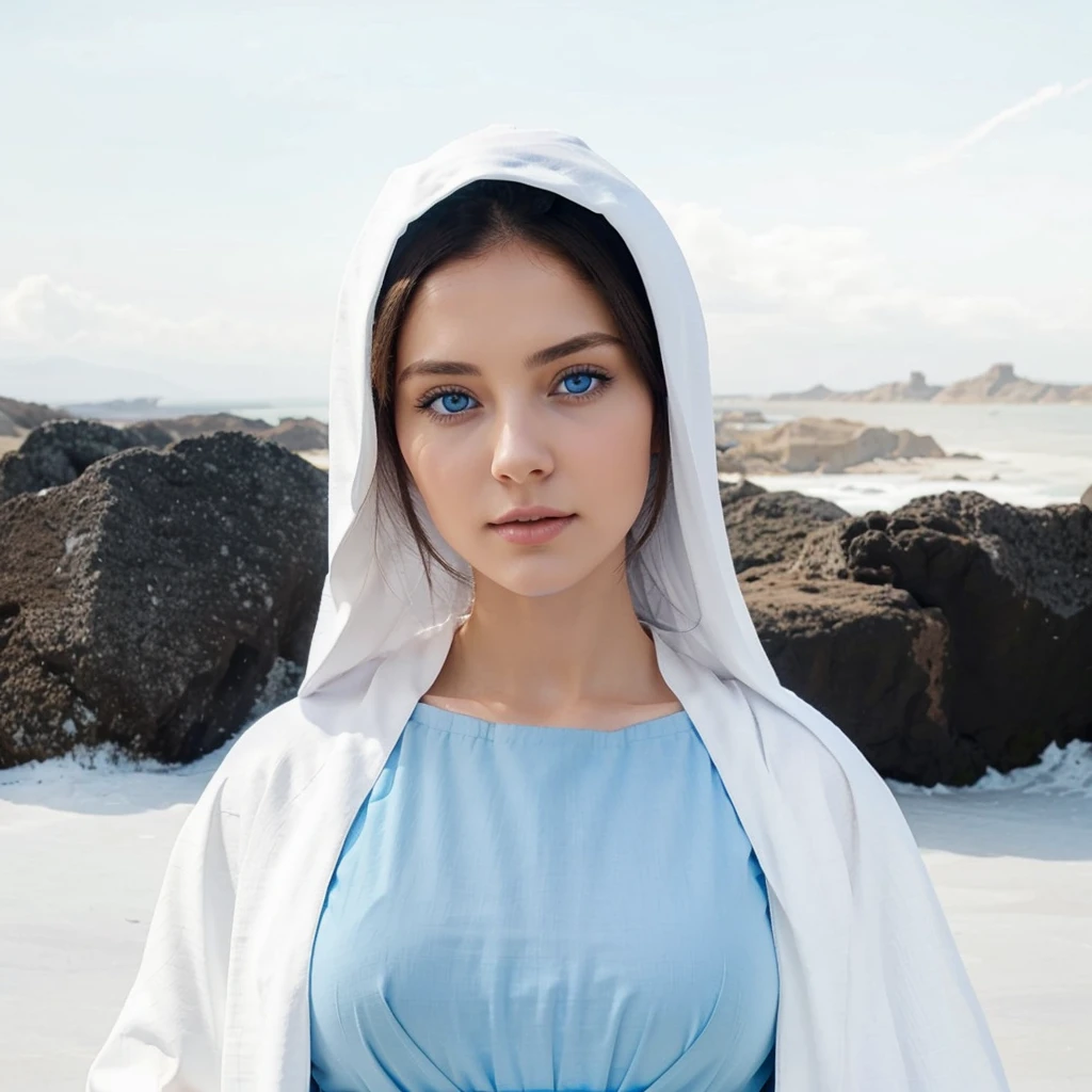 Beautiful woman with light blue eyes, Wears a blue tunic with wide, long sleeves adjusted at the waist by a white sash, wears a white cloak
