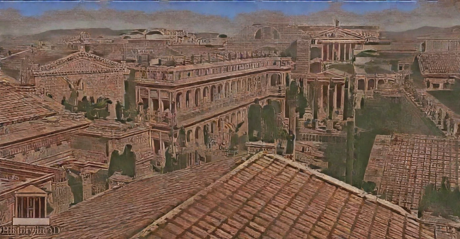 arafed view of a city with a lot of buildings and a clock tower, roman city, rome, ancient rome, rome in background, eternal city, roma, roman monuments, ancient roman setting, rome backdrop, roman historic works, market in ancient rome, old roman style, colosseo, city ruins in the background, ancient roman style, view from slightly above