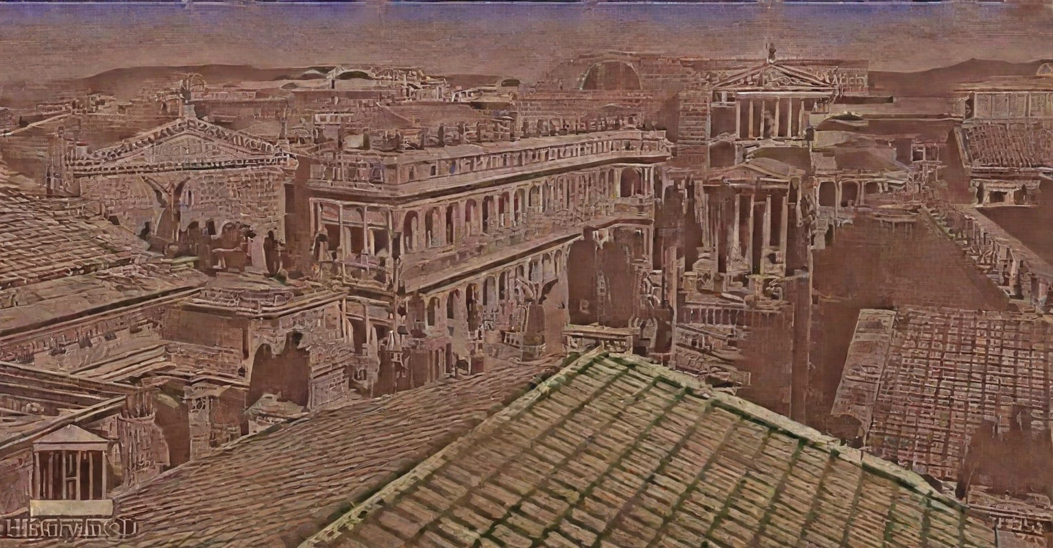arafed view of a city with a lot of buildings and a clock tower, roman city, rome, ancient rome, rome in background, eternal city, roma, roman monuments, ancient roman setting, rome backdrop, roman historic works, market in ancient rome, old roman style, colosseo, city ruins in the background, ancient roman style, view from slightly above